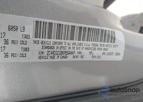 2019 Dodge Grand Caravan Sxt из США, поврежденный, VIN 2C4RDGCG8KR564047